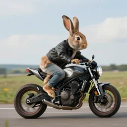 bunny wearing a leather jacket riding a motorbike by simon - stalenhag!!!, ultra detailed, 8 k resolution, rule of thirds, dynamic pose, action pose, beautiful landscape