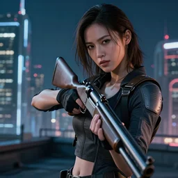 digital art of a techwear woman holding a shotgun, holding shotgun down, closeup, on the rooftop of a futuristic city at night, sigma 85mm f/1.4, 4k, depth of field, high resolution, full color, award winning photography, Kill Bill, John Wick, Die Hard, movies with guns, movie firearms, trending on art station