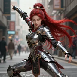 >  professional dynamtic  portrait of female an agile geisha cyberpunk  in a dynamic pose ,  street photography,  armor elements , long red hair, beautiful bone structure, symmetrical facial features, intricate, elegant, digital painting, concept art, smooth, sharp focus, illustration,  by Ruan Jia and Mandy Jurgens , and mucha, and Artgerm and William-Adolphe Bouguerea
