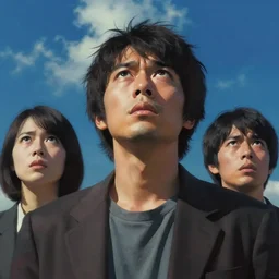 Men look up at the sky, frightened, Scenes from Japanese special effects films.