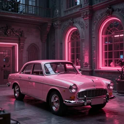 cyberpunk synthwave an old car in the soviet yard, intricate, elegant, concept art, smooth, sharp, focus, pink neon lights, futuristic, cgsociety, in the style of artstation