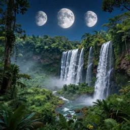 photography of a highly detailed and very beautiful jungle landscape with photorealistic waterfalls. three big moons in the sky. the sky is full of stars. greg rutkowski, zabrocki, karlkka, jayison devadas, intricate, artstation, 8 k, unreal engine 5