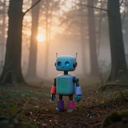 funny little colorful robot in foggy woods, sundown, moody, by simon stalenhag, greg rutkowsky, artgerm