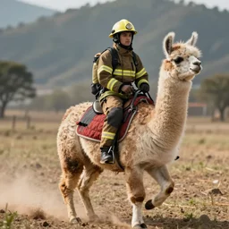 photorealistic art of a firefighter riding a llama, dynamic lighting, hyperrealism, stunning visuals