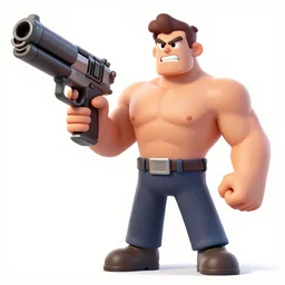 cartoon muscular man, angry holding a oversized gun