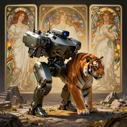 product photo of a futuristic tactical defense robot, military, by artgerm and greg rutkowski and marc newson and zaha hadid, alphonse mucha. bear tiger mix. side view, volumetric light, detailed, octane render, midsommar - t
