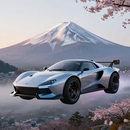 a jdm mazda rx fused into hover craft 2 0 8 9 futuristic version, cyberpunk look hovering by mount fuji early in the morning with a few blossom trees around, high quality photo