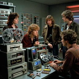 full - color cinematic movie still from a 1 9 8 7 sequel to videodrome directed by david cronenberg. retrofuturism ; cassette - punk ; cassette - futurism ; dystopian ; suspense ; people conversing and stalking each other near video - decks or reel - to - reel tapes or radio - equipment or mainframe computers.