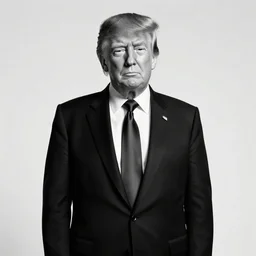 Donald Trump, a anthropomorphic-robot cyber-face techno mask in black tie suit retro black and white photo