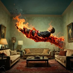 a giant hand made of blood and fire floats through the living room holding a person, film still from the movie directed by Denis Villeneuve with art direction by Salvador Dalí, wide lens