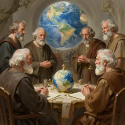 a council of elders discussing the fate of the world, highly realistic, highly detailed, digital painting