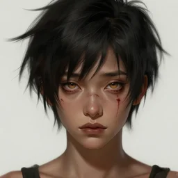 sad woman with short, spiky black hair and dark skin, slanted amber eyes, long thin scar on her face. highly detailed, digital painting, artstation, concept art, sharp focus, beautiful face, expressive eyes, illustration, art by Artgerm and greg rutkowski and alphonse mucha