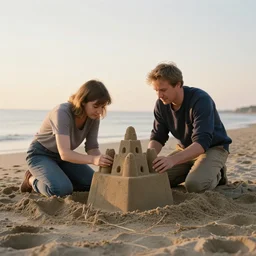 couple building sandcastle on the beach at sunrise, 9 9 9 9 9 in 1, ivan shishkin