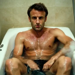 Emmanuel macron taking a bath in American Psycho (1999), blur on his body