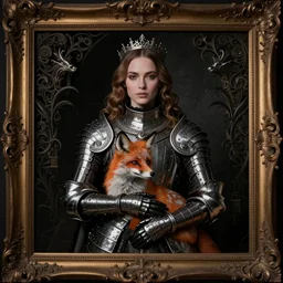 very elegant beautiful portrait of christine turlington as princess of the dark tattoo world, magical fox in her arms at the front, in a antique frame, by jan van eyck, frederic leighton, waterhouse, mysticism, intricate, highly ornate dark silvery trim armoury