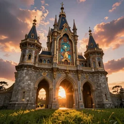 a beautiful and highly ornamented fantasy castle on a stone arch at sunset, cinematic view, epic sky, detailed, concept art, low angle, high detail, warm lighting, volumetric, godrays, vivid, beautiful, trending on artstation, by jordan grimmer, huge scene, grass, art greg rutkowski and alphonse mucha