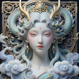 hyperdetailed realistic face portrait octane render, very colorful vibrant, artwork by james jean, chiara bautista, smooth polished porcelain, beautiful cloud dragon goddess, jean delville, art nouveau, james jean spiraling clouds, ornate metal gothic icon heavy patina, joy, delicate, enchanting, otherworldly, whimsical, ethereal, mythology, magical