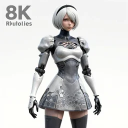 CAD screenshot of a realistic android companion modeled after 2B from Nier Automata and with slender body type and prominent ceramic hex tile armor plates wearing wearing short clothes , solidworks, catia, autodesk inventor, unreal engine, gynoid cad design inspired by Masamune Shirow and Nier Automata and Ross Tran, product showcase, octane render 8k
