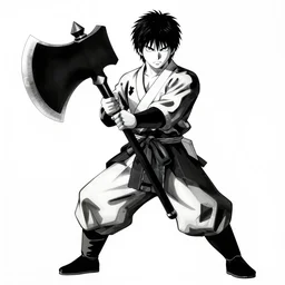 A warrior holding a giant axe, black and white, by Ode Eiichiro