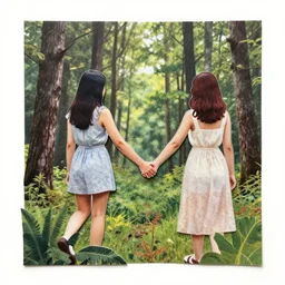 paper collage art made of cut up magazines depicting two women holding hands in a forest during summer