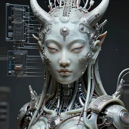 female robot pilot, mechanical creature, electronic wires relays computer nerves, girl face, dystopian surrealism, alex ries zdzisław beksinski giger, very intricate details, hres, naraka buddhist demon korean female, deep luminous eyes, smooth marbled surfaces, cinematic smooth ceramic, deep aesthetic, concept art, carved silver circuits diodes resistors semiconductors, highly ornate intricate details