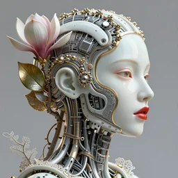 complex 3d render ultra detailed of a beautiful porcelain profile woman face, mechanical cyborg, 150 mm, beautiful natural soft light, rim light, silver gold details, magnolia big leaves and stems, roots, fine foliage lace, maze like, mesh wire, red lips, intricate details, hyperrealistic, ultra detailed, mandelbrot fractal, anatomical, white metal neocubism armor, facial muscles, cable wires, microchip, elegant, octane render, H.R. Giger style, 8k