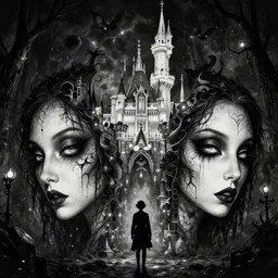a satanic night at disneyland, black and white, perfect eyes, detailed faces, outsider art, esoteric art,