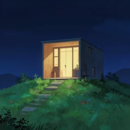 modern building entrance on top of a grass mountain at night, artstation, game background, by Marjane Satrapi
