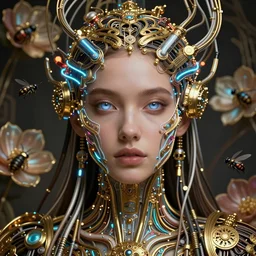 very beautiful woman integrating with technology, full face frontal centered, portrait, insipiring, detailed intricate ornate neon pulsating cables connected to head, clear luminous eyes, luxurious detailed abundent wiring and implants, gold, renaissance, sci - fi, detailed technology background with cyber flowers and insects, dramatic lighting, photography, highly detailed, artstation, 8 k,