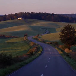 a road weaving through rolling hills and by a house on the edge of a forest at dusk. perspective landscape. strong shadows. deep colorful soft gradients, and translucence. by norman rockwell and eyvind earle