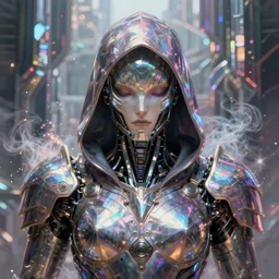Ultra realist and ultra intricate detailed painting of an powerful hooded armor iridescent assassin, human face biomechanical body, symmetry, rich style, glowing iridescent sparks and smoke behind, crystallic cyberpunk megastructure background, artstation, unreal render, depth of field