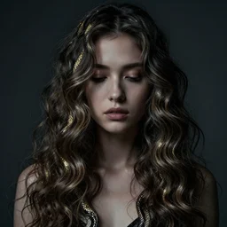 dramatic photo of a woman with super wavy snake marble hair. moody and melanchonic. with a bit of gold