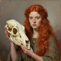 portrait painting of beautiful red head ancient irish celtic priestess holding a dinosaur skull, by jeremy mann, only one head single portrait