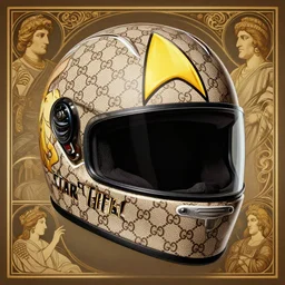 STAR TREK Gucci racer helmet designed in ancient Greece, (SFW) safe for work, photo realistic illustration by greg rutkowski, thomas kindkade, alphonse mucha, loish, norman rockwell