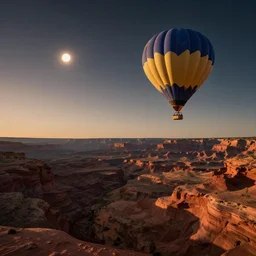 elevated view of hot air balloon in flight, rule of thirds, Antelope canyon in distance, during an eclipse, interstellar hour, Photorealistic, establishing shot, cinematic lighting, , dramatic lighting, atmospheric, realistic, octane render, highly detailed, color graded, matte painting in the style of craig mullins