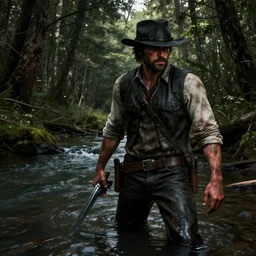 a river in the deep dark woods, criminal activity, sweaty and dirty, in the style of red dead redemption concept art, artstation