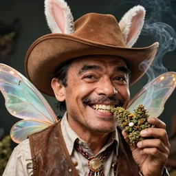 hyper realistic, close up portrait of a mega derpy cowboy with fairy wings, mr. bean, big chungus, with bunny ears, smoking massive amounts of weed, big smile, chunk teeth, by greg rutkowski, scott m fischer, artgerm, loish, slight glow, atmospheric, anne stokes, alexandros pyromallis, 4 k, 8 k