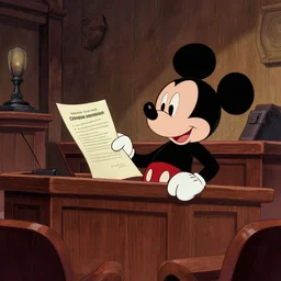 detailed background courtroom sketch of vintage disney character mickey mouse presenting evidence of copyright infringement to the judge bench court room wooden serious dark tone vintage early cel animation