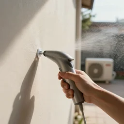 close - up seen a profile wall with a hand and a conditioner in the room and an air conditioner on the terrace with water spray faded on the wall connected by transparent cables, depth of field, sunny, ultra realistic, very detailed, 8 k hyper realistic detailed cinematic still by nadav kander