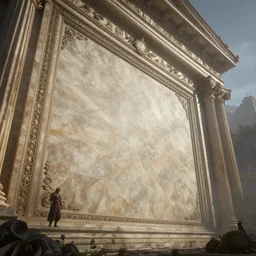 close shot angle from below of giant ornated romanic marble wall, atmospheric perspective, on a fantasy landscape by greg rutkowski, luis royo, wayne barlowe and cristian sauret, 8 k
