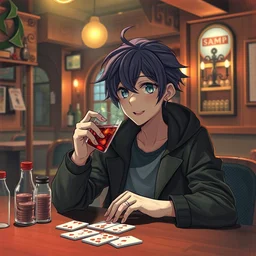 anime character playing poker and drinking in a cozy bar, volumetric lighting, hyper real, pencil art, moody lighting, cute, comfy