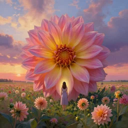 giant dahlia flower head, full body girl standing in a flower field, surreal photography, sunrise, dramatic light, impressionist painting, colorful clouds, digital painting, artstation, simon stalenhag