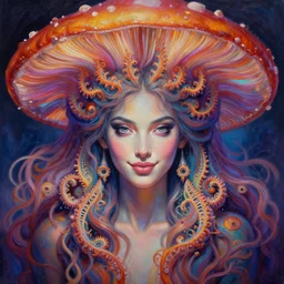 perfectly centered portrait, beautiful fractal mushroom goddess, female, flowing hair, intense stare, sweet smile, symmetrical, concept art, intricate detail, volumetric shadows and lighting, psychedelic colors, realistic oil painting by alex grey