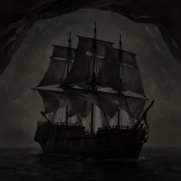 A galleon ship, three masts, in a cave. Underexposed, dark. Atmospheric matte painting by Darek Zabrocki and Christophe Vacher