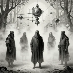 plague doctors in the mist with weird rube goldberg machines, minimalist, joel peter witkin, heironymus bosch, gustave dore, beksinski, giger