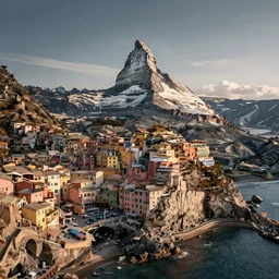 matterhorn in the seaside with cinque terre cities on a cliff, drone picture, very realistic