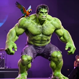 The green incredible hulk performing at a concert with a parrot on his shoulder
