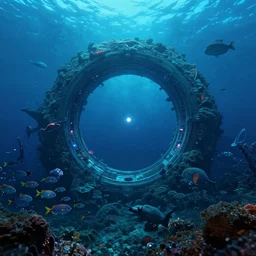 intergalactic stargate portal in the middle of a deep ocean, with strange sea creatures swimming around it and a school of fish in the foreground by rodney matthews