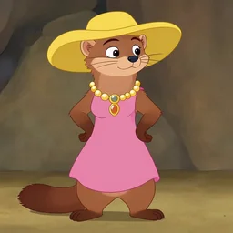 female marten character : initial pose : wearing jewelry and pink dress and yellow hat : head torso legs feet : lorax movie : deviantart : cel shading