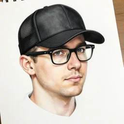 male in black trucker hat, glasses, ink on paper